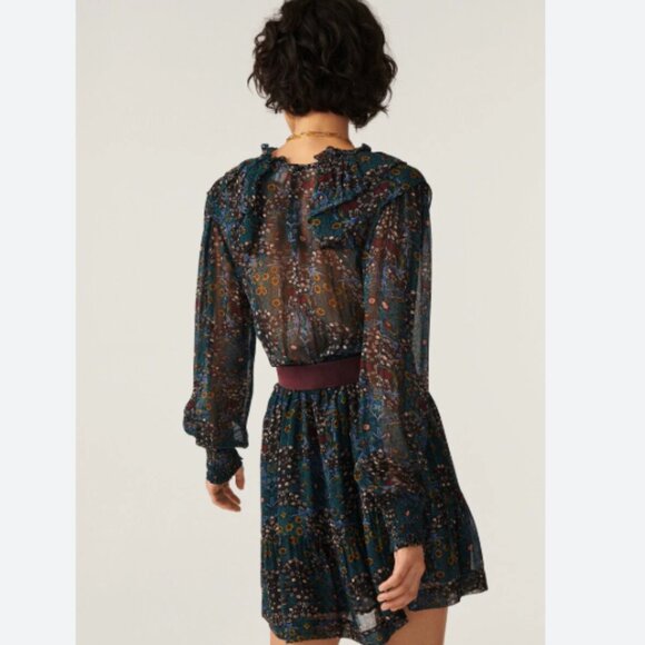 BA&SH Presley Long Sleeve Mini Dress Night Blue Floral Size EU 0 US XS NWT - Picture 4 of 11